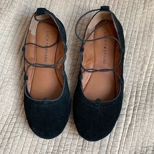 Lucky Brand Black Suede Leather Strappy Eviee Ballerina Flats, 7.5M/37.5